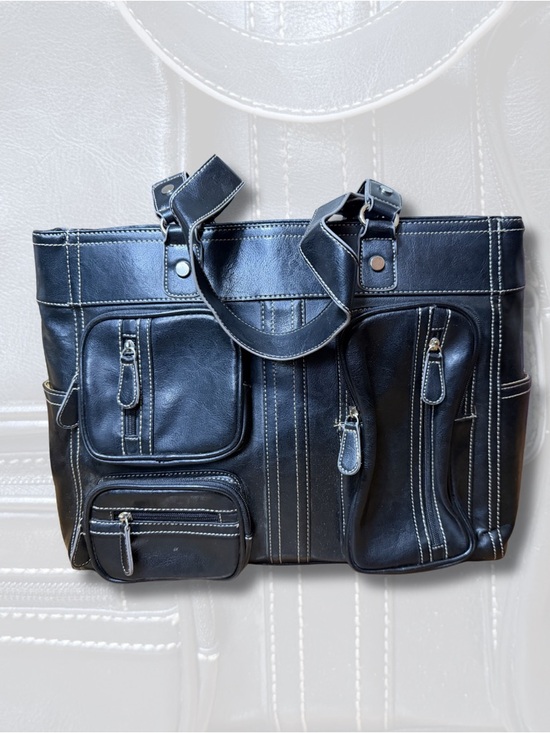 Handbags - Black Multi-Pocket Faux Leather Tote with White Stitching